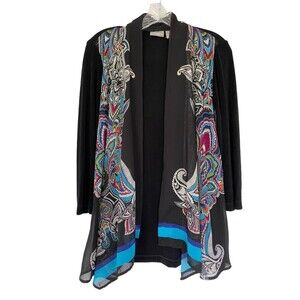 Chicos Travelers Cardigan Open Front Sz 1 US M Multicolor  Paisley Chiffon Flowy